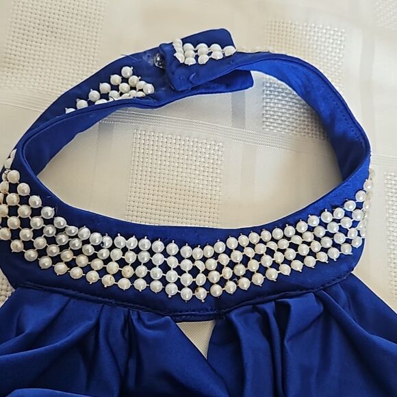 Jovani Rushed Halter Neckline With Faux Pearl Maxi Dress With Side Slit 12 Blue - Picture 11 of 16